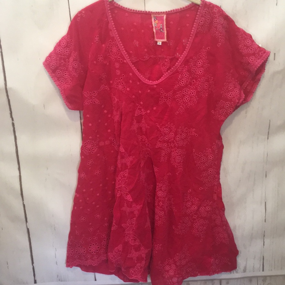 +SOLD++Johnny Was Red Eyelet Floral Pom Pom Trim Embroidered Boho Prairie Tunic